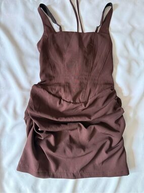 Brown Mini Dress Square Neck Lace-Up Back Strappy Lined Size S